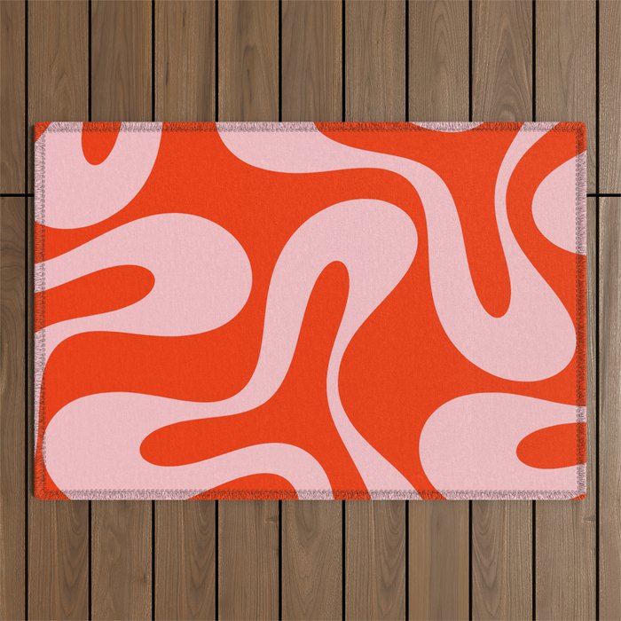 Retro Modern Soft Curves Abstract Contemporary Pattern in Bold Red-Orange and Pink Outdoor Rug Gallery Image 1