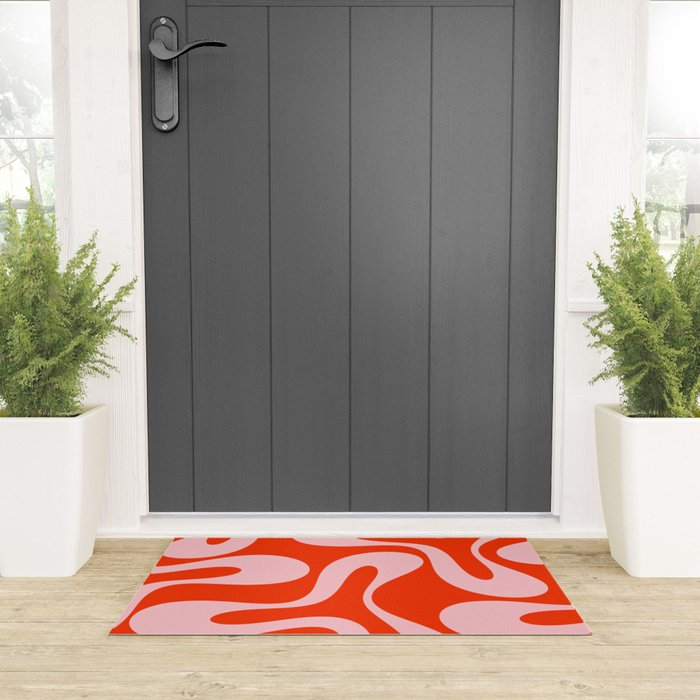 Retro Modern Soft Curves Abstract Contemporary Pattern in Bold Red-Orange and Pink Welcome Mat Gallery Image 3