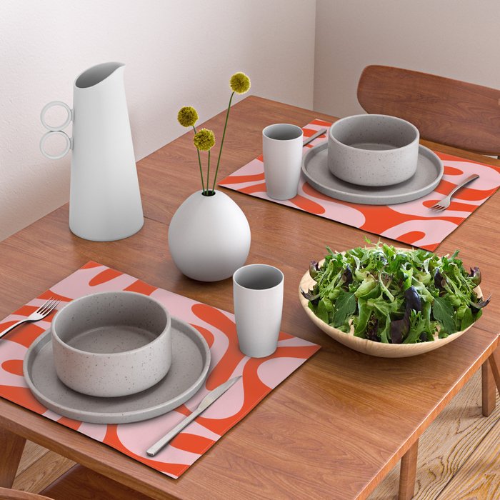 Retro Modern Soft Curves Abstract Contemporary Pattern in Bold Red-Orange and Pink Placemat Gallery Image 2