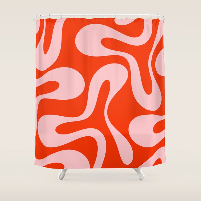 Retro Modern Soft Curves Abstract Contemporary Pattern in Bold Red-Orange and Pink Shower Curtain Gallery Image 1