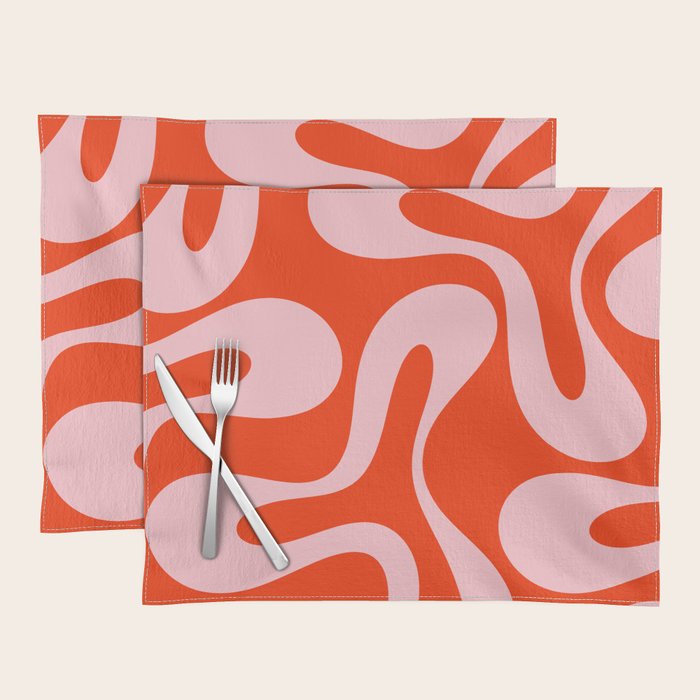 Retro Modern Soft Curves Abstract Contemporary Pattern in Bold Red-Orange and Pink Placemat Gallery Image 1