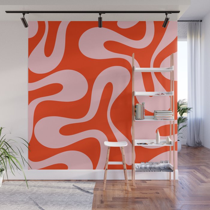 Retro Modern Soft Curves Abstract Contemporary Pattern in Bold Red-Orange and Pink Wall Mural Gallery Image 1