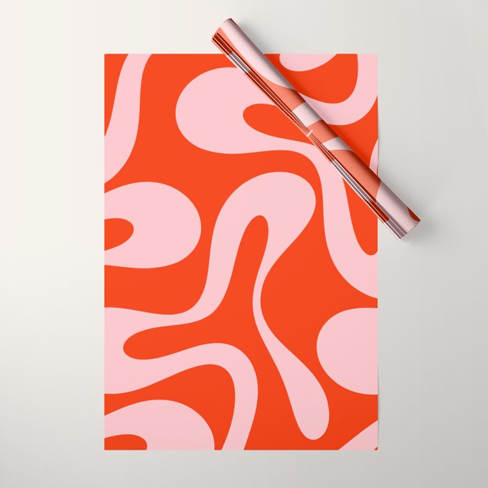 Retro Modern Soft Curves Abstract Contemporary Pattern in Bold Red-Orange and Pink Wrapping Paper Gallery Image 1