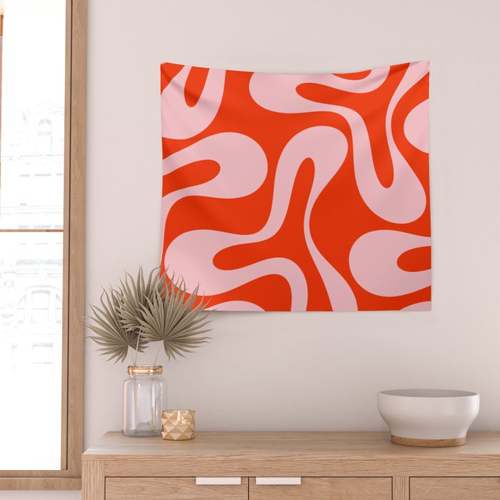 Retro Modern Soft Curves Abstract Contemporary Pattern in Bold Red-Orange and Pink Wall Tapestry Gallery Image 2