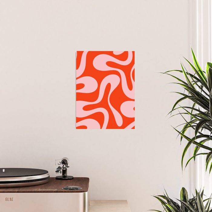 Retro Modern Soft Curves Abstract Contemporary Pattern in Bold Red-Orange and Pink Poster Gallery Image 2