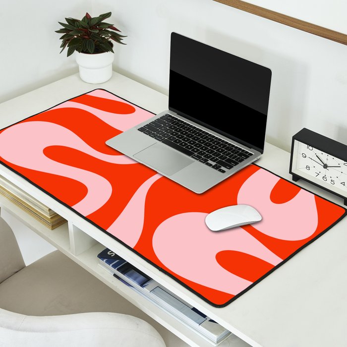 Retro Modern Soft Curves Abstract Contemporary Pattern in Bold Red-Orange and Pink Desk Mat Gallery Image 2