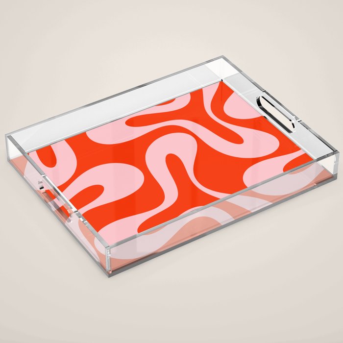 Retro Modern Soft Curves Abstract Contemporary Pattern in Bold Red-Orange and Pink Acrylic Tray Gallery Image 1