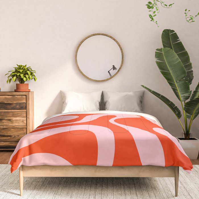 Retro Modern Soft Curves Abstract Contemporary Pattern in Bold Red-Orange and Pink Comforter Gallery Image 3