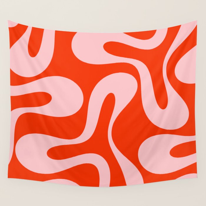 Retro Modern Soft Curves Abstract Contemporary Pattern in Bold Red-Orange and Pink Wall Tapestry Gallery Image 4