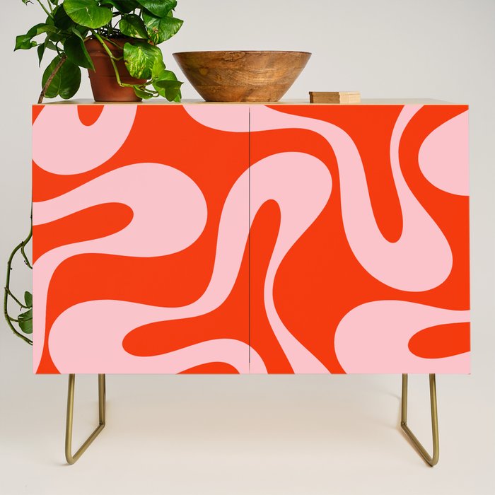 Retro Modern Soft Curves Abstract Contemporary Pattern in Bold Red-Orange and Pink Credenza Gallery Image 1