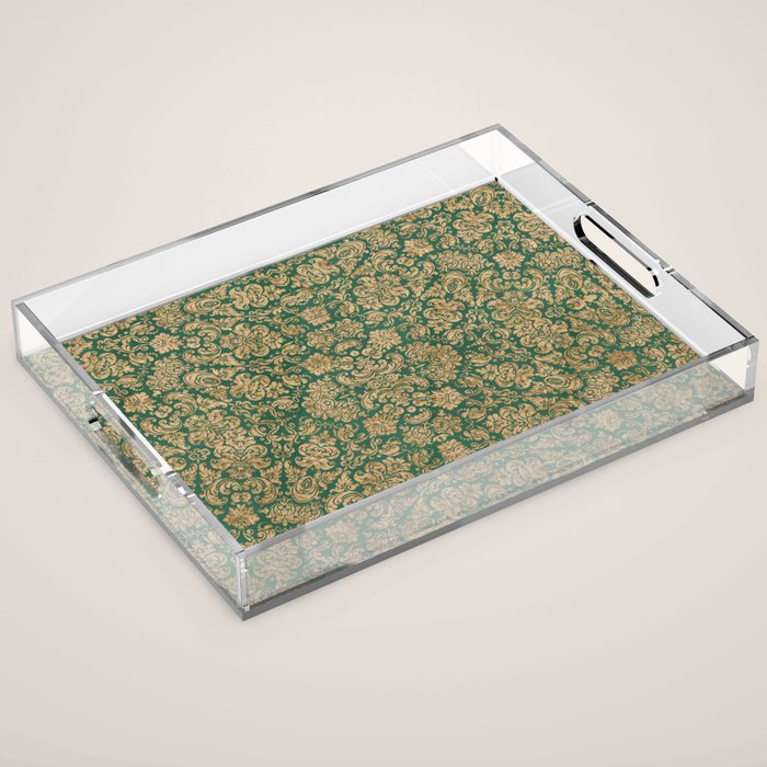Antique Gold and Green Brocade Pattern Acrylic Tray Gallery Image 1