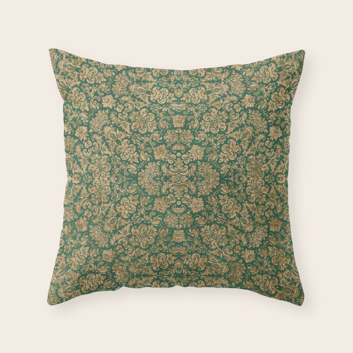 Antique Gold and Green Brocade Pattern Throw Pillow Gallery Image 6