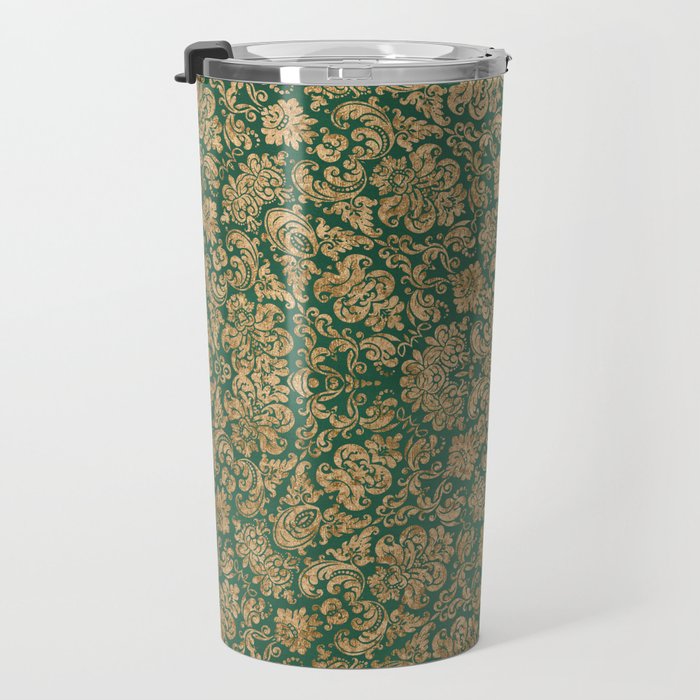 Antique Gold and Green Brocade Pattern Travel Mug Gallery Image 3