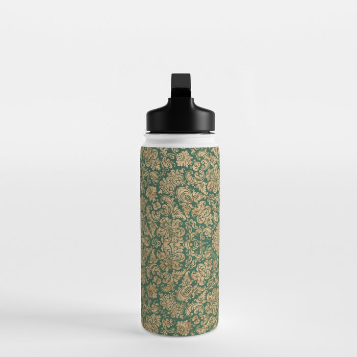 Antique Gold and Green Brocade Pattern Water Bottle Gallery Image 3