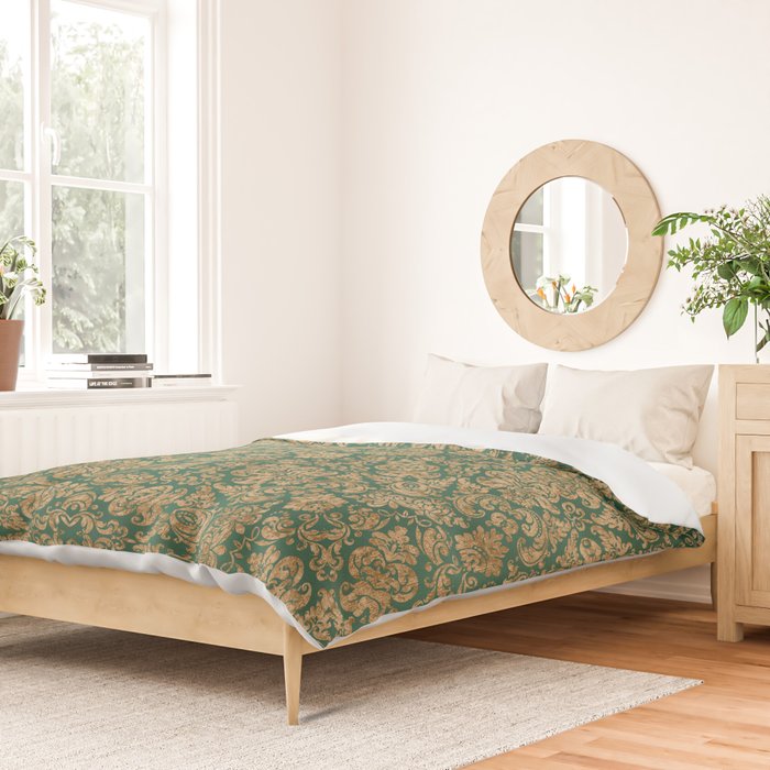 Antique Gold and Green Brocade Pattern Duvet Cover Gallery Image 2