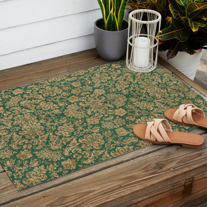 Antique Gold and Green Brocade Pattern Outdoor Rug Gallery Image 2