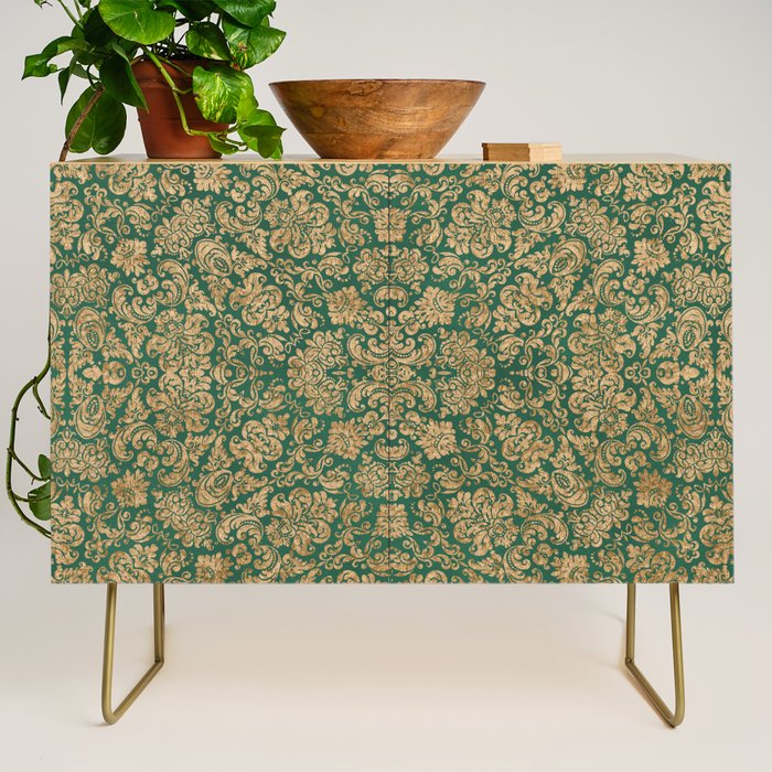 Antique Gold and Green Brocade Pattern Credenza Gallery Image 1
