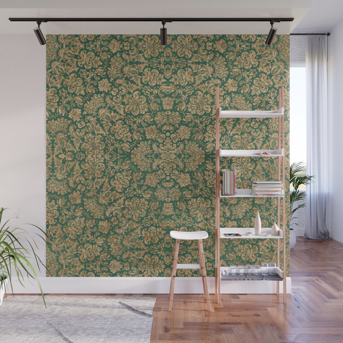 Antique Gold and Green Brocade Pattern Wall Mural Gallery Image 1