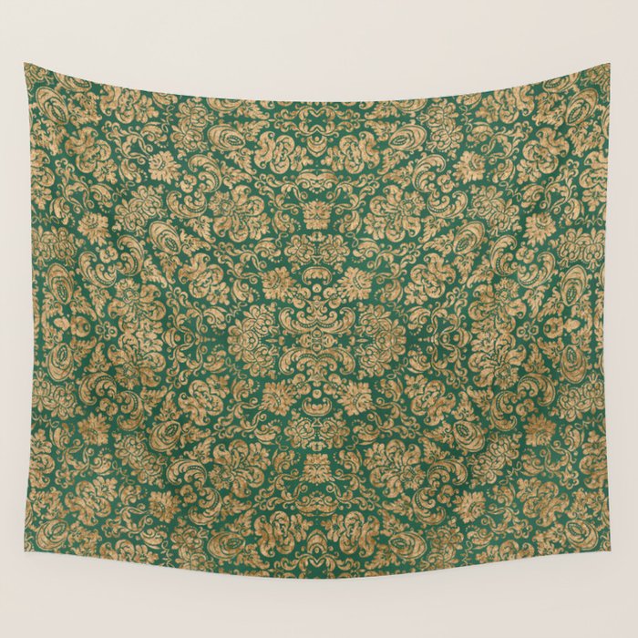 Antique Gold and Green Brocade Pattern Wall Tapestry Gallery Image 1
