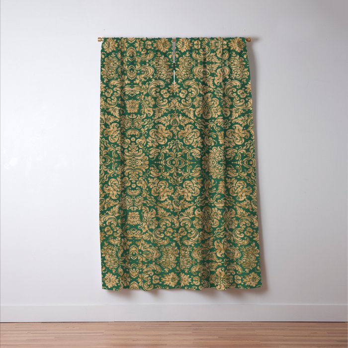 Antique Gold and Green Brocade Pattern Window Curtain Gallery Image 3