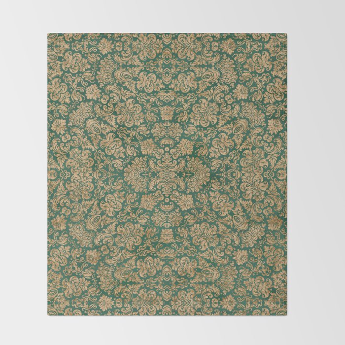 Antique Gold and Green Brocade Pattern Throw Blanket Gallery Image 2