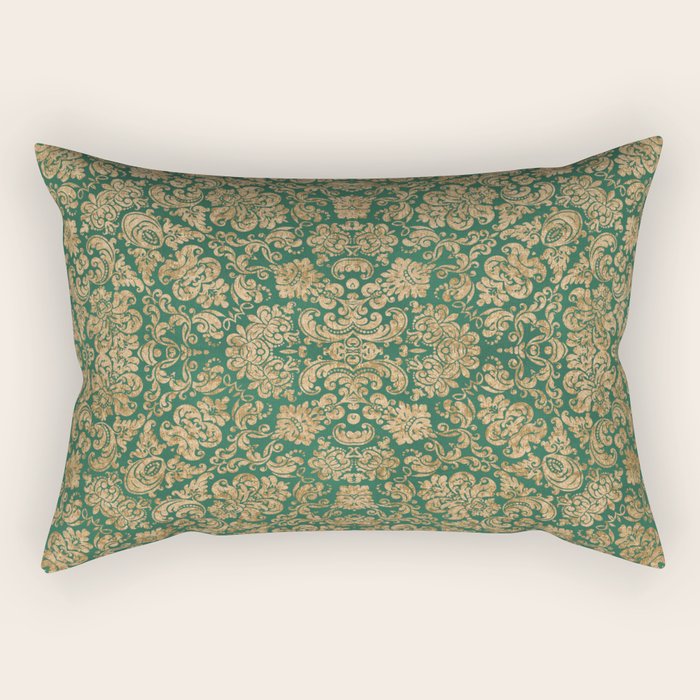 Antique Gold and Green Brocade Pattern Rectangular Pillow Gallery Image 2