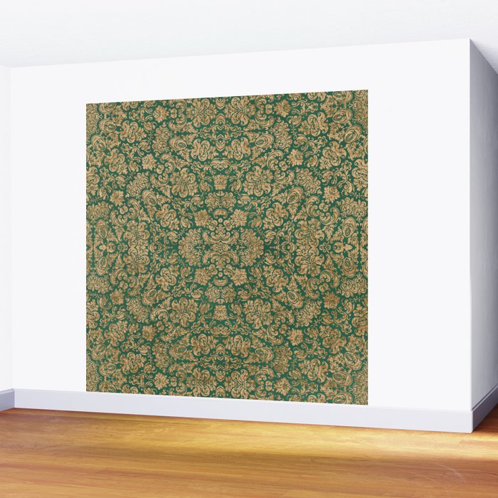 Antique Gold and Green Brocade Pattern Wall Mural Gallery Image 2