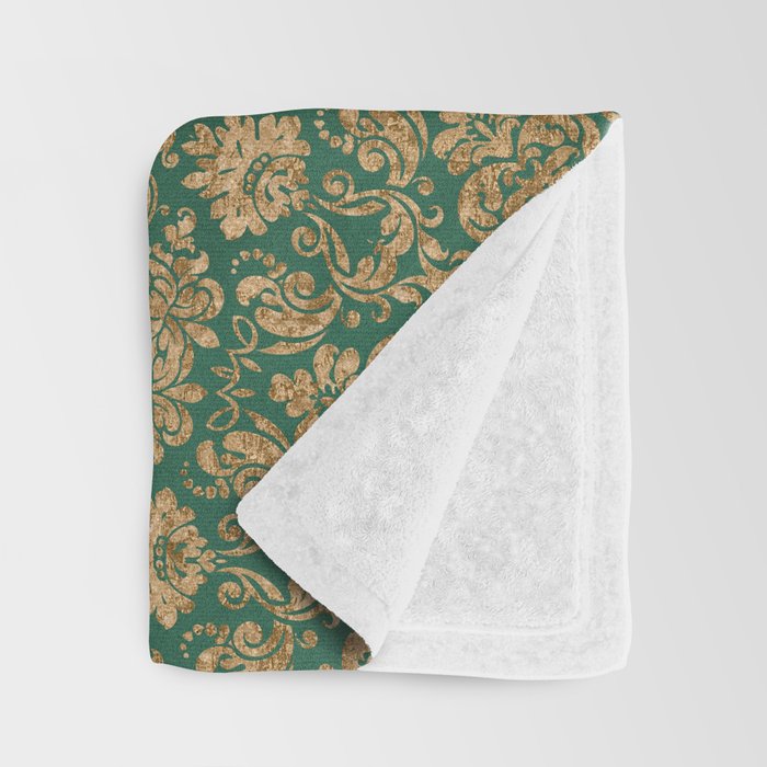 Antique Gold and Green Brocade Pattern Throw Blanket Gallery Image 3