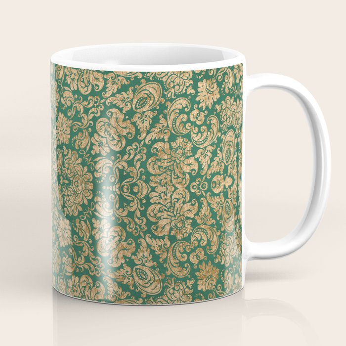 Antique Gold and Green Brocade Pattern Coffee Mug Gallery Image 1