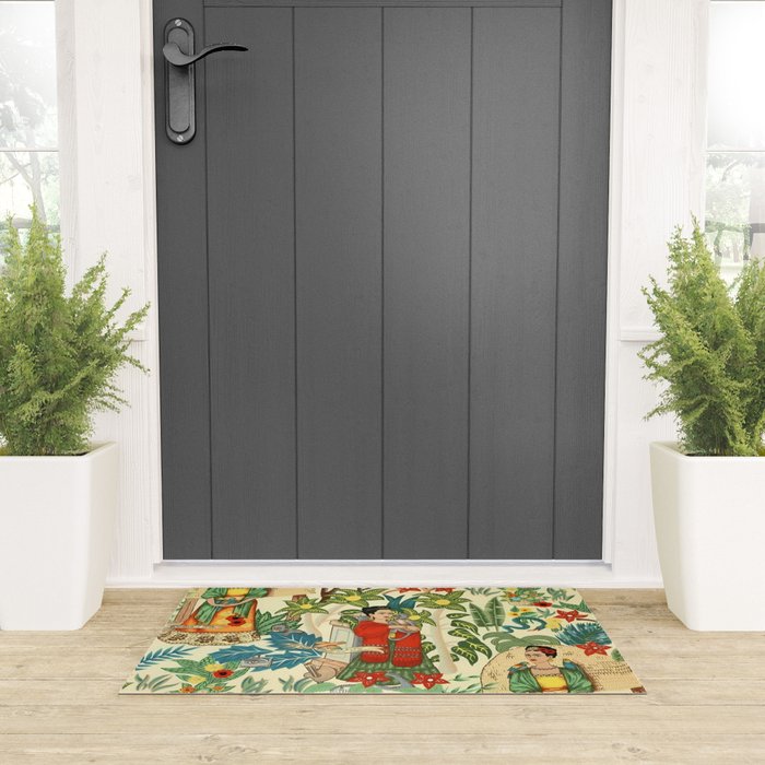 Frida's CoyoacÃ¡n Mexican Garden of Casa Azul Lush Tropical  floral painting Welcome Mat Gallery Image 3