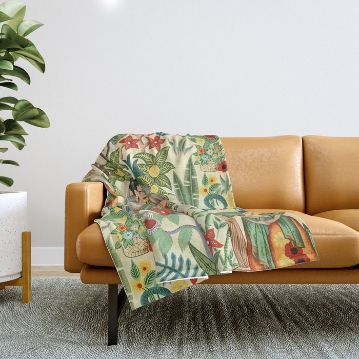 Frida's CoyoacÃ¡n Mexican Garden of Casa Azul Lush Tropical  floral painting Throw Blanket Gallery Image 1
