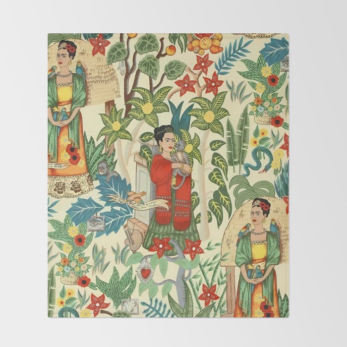 Frida's CoyoacÃ¡n Mexican Garden of Casa Azul Lush Tropical  floral painting Throw Blanket Gallery Image 2
