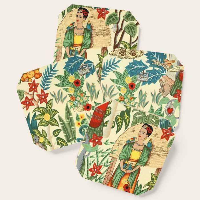 Frida's CoyoacÃ¡n Mexican Garden of Casa Azul Lush Tropical  floral painting Coaster Gallery Image 1