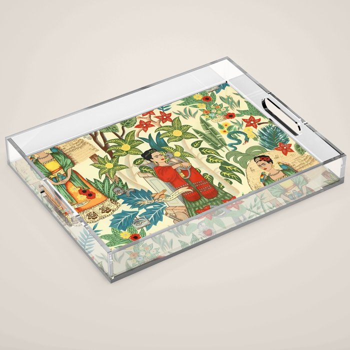 Frida's CoyoacÃ¡n Mexican Garden of Casa Azul Lush Tropical  floral painting Acrylic Tray Gallery Image 1