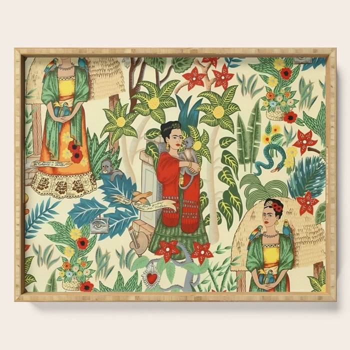 Frida's CoyoacÃ¡n Mexican Garden of Casa Azul Lush Tropical  floral painting Serving Tray Gallery Image 1