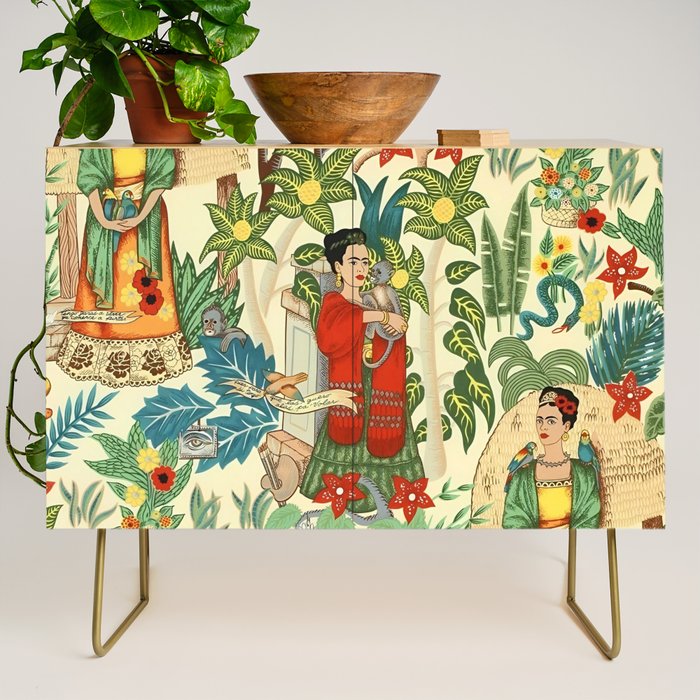 Frida's CoyoacÃ¡n Mexican Garden of Casa Azul Lush Tropical  floral painting Credenza Gallery Image 1