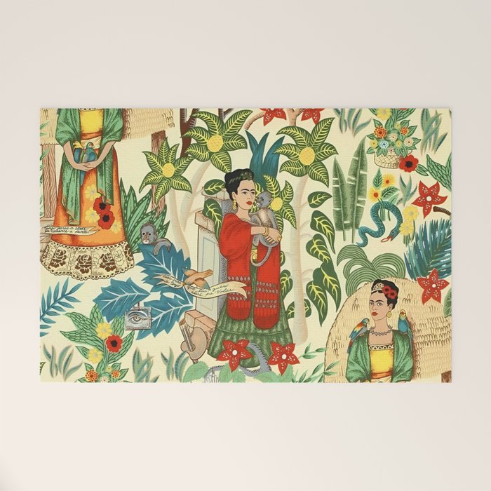 Frida's CoyoacÃ¡n Mexican Garden of Casa Azul Lush Tropical  floral painting Welcome Mat Gallery Image 1