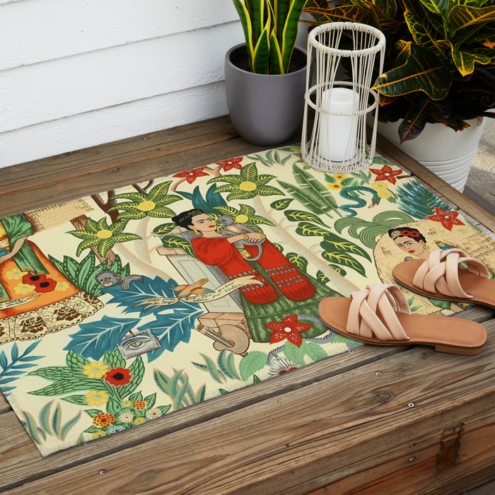 Frida's CoyoacÃ¡n Mexican Garden of Casa Azul Lush Tropical  floral painting Outdoor Rug Gallery Image 2
