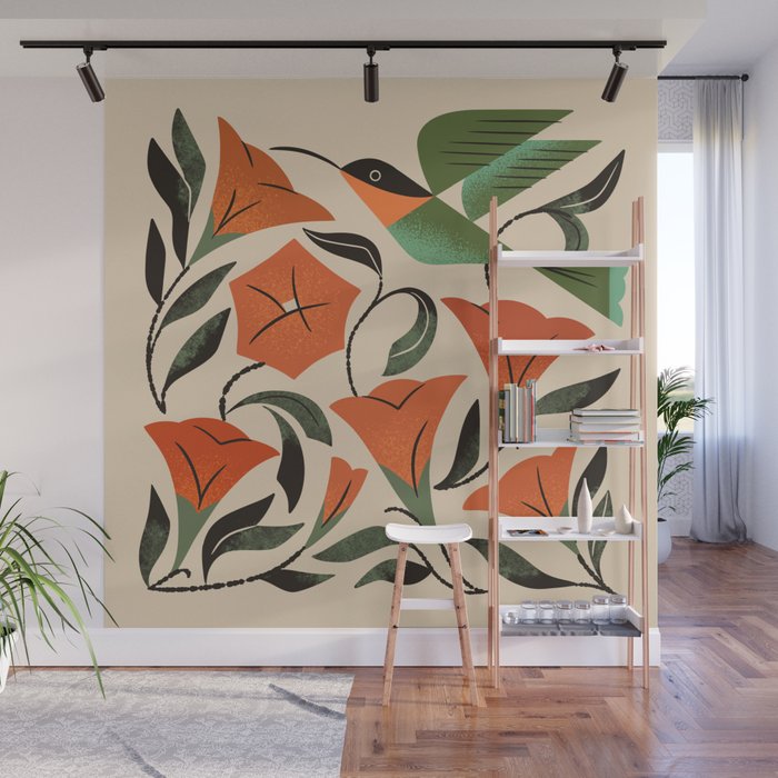 Hummingbird and Trumpet Flowers Wall Mural Gallery Image 1
