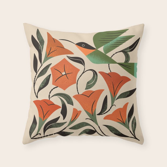 Hummingbird and Trumpet Flowers Throw Pillow Gallery Image 1