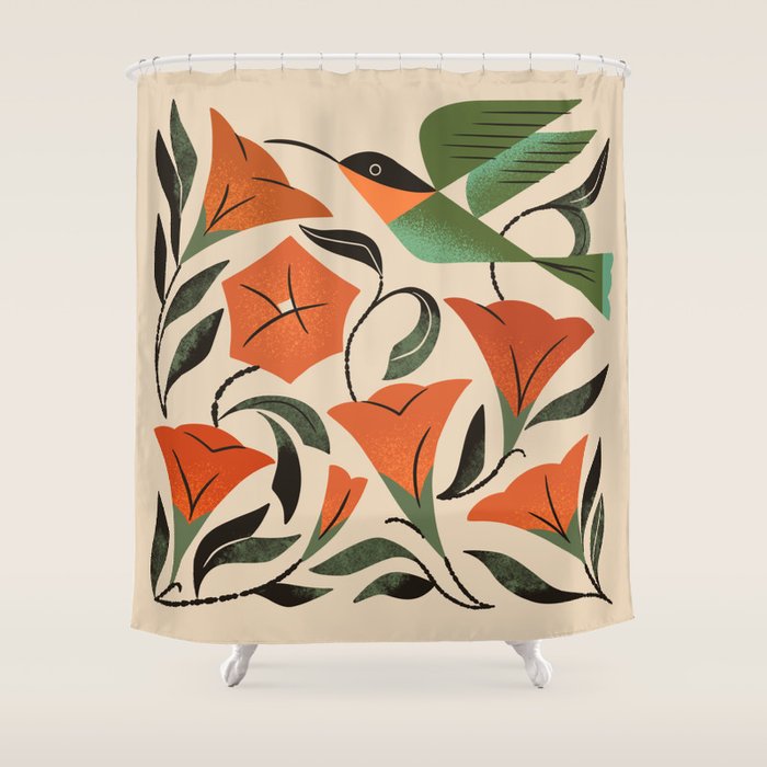 Hummingbird and Trumpet Flowers Shower Curtain Gallery Image 1