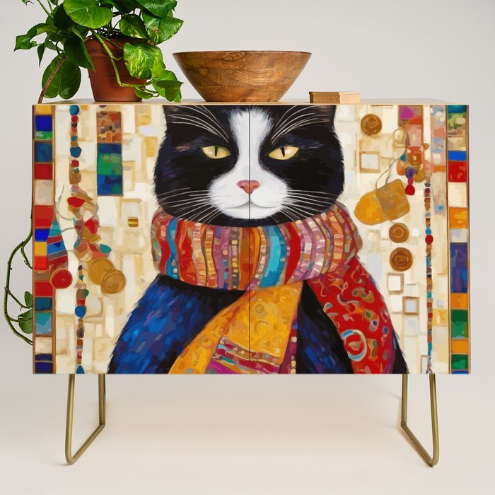 Gustav Klimt Style Tuxedo Cat with Colorful Scarf Credenza Gallery Image 1