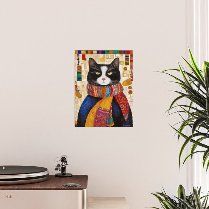 Gustav Klimt Style Tuxedo Cat with Colorful Scarf Poster Gallery Image 2