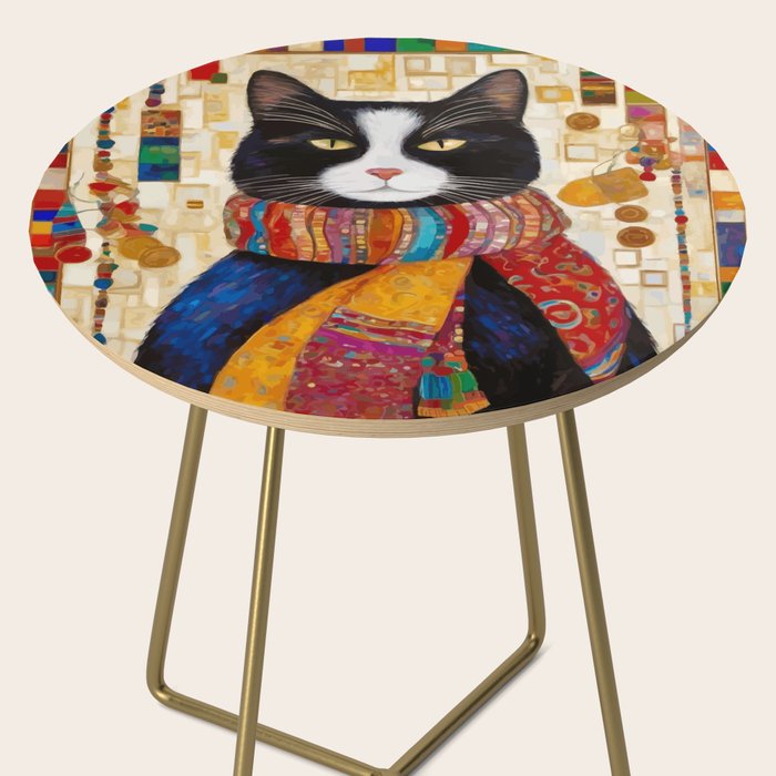 Gustav Klimt Style Tuxedo Cat with Colorful Scarf Side Table Gallery Image 2