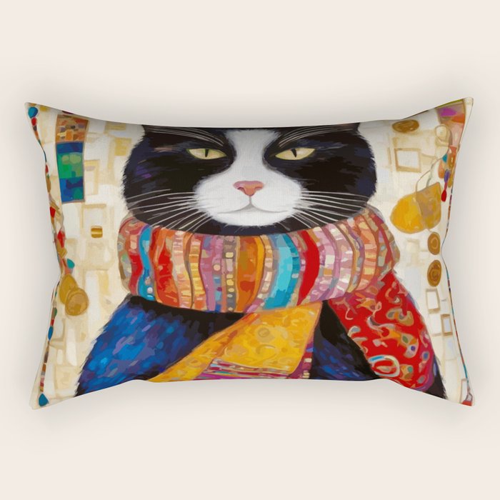 Gustav Klimt Style Tuxedo Cat with Colorful Scarf Rectangular Pillow Gallery Image 1