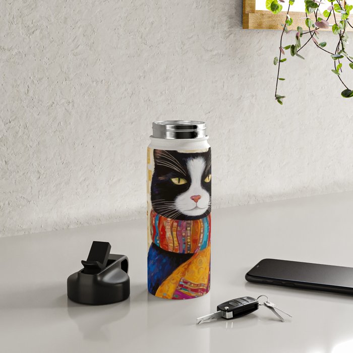 Gustav Klimt Style Tuxedo Cat with Colorful Scarf Water Bottle Gallery Image 4