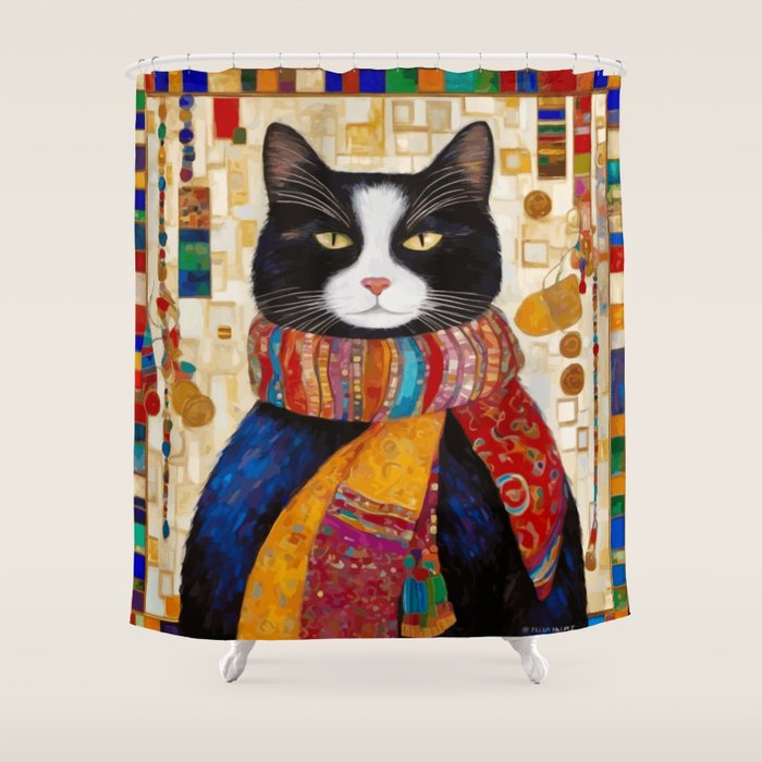 Gustav Klimt Style Tuxedo Cat with Colorful Scarf Shower Curtain Gallery Image 1