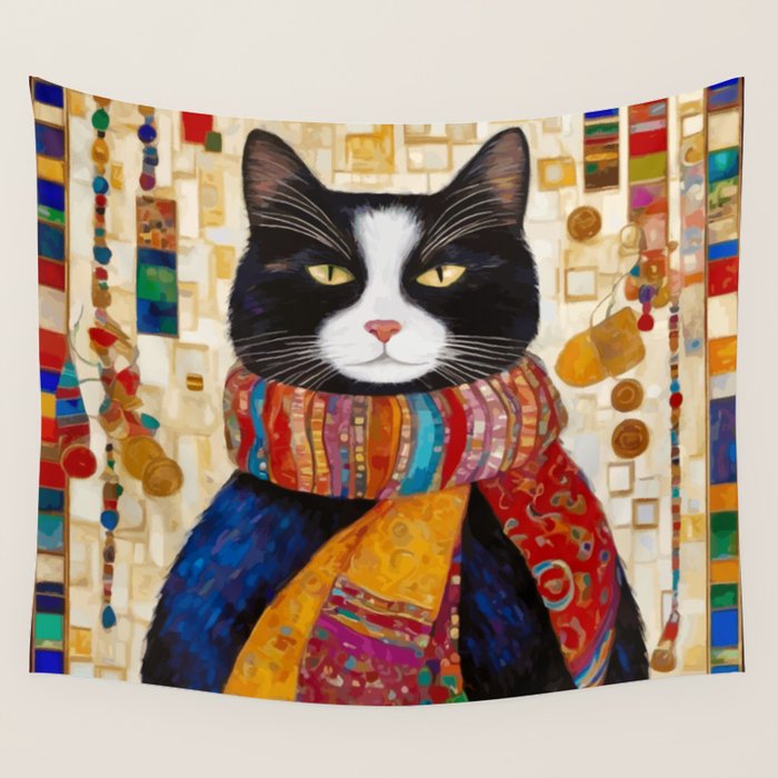 Gustav Klimt Style Tuxedo Cat with Colorful Scarf Wall Tapestry Gallery Image 1