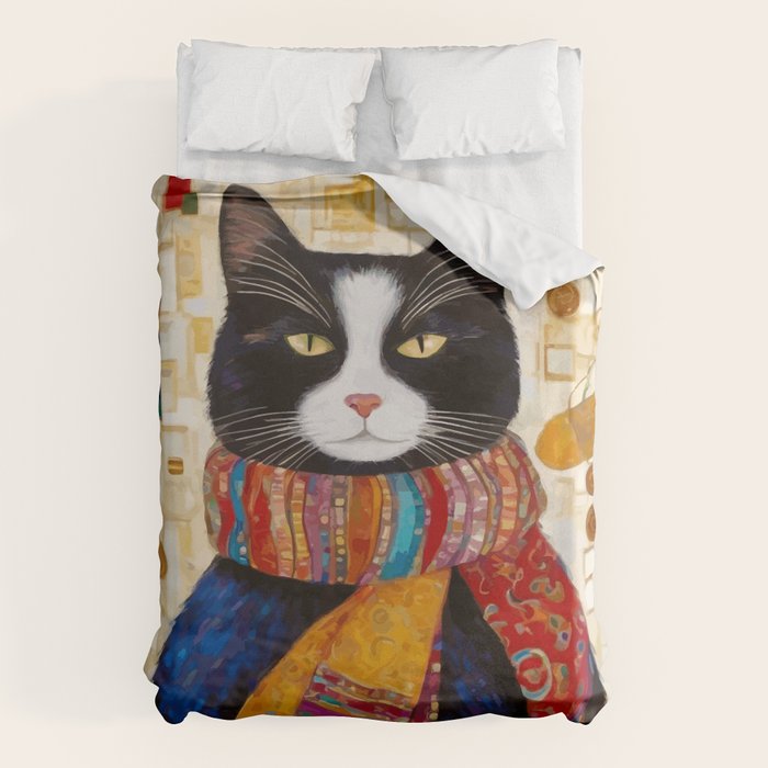 Gustav Klimt Style Tuxedo Cat with Colorful Scarf Duvet Cover Gallery Image 1