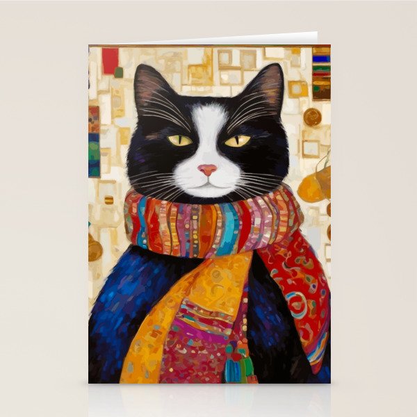 Gustav Klimt Style Tuxedo Cat with Colorful Scarf Stationery Card Gallery Image 1